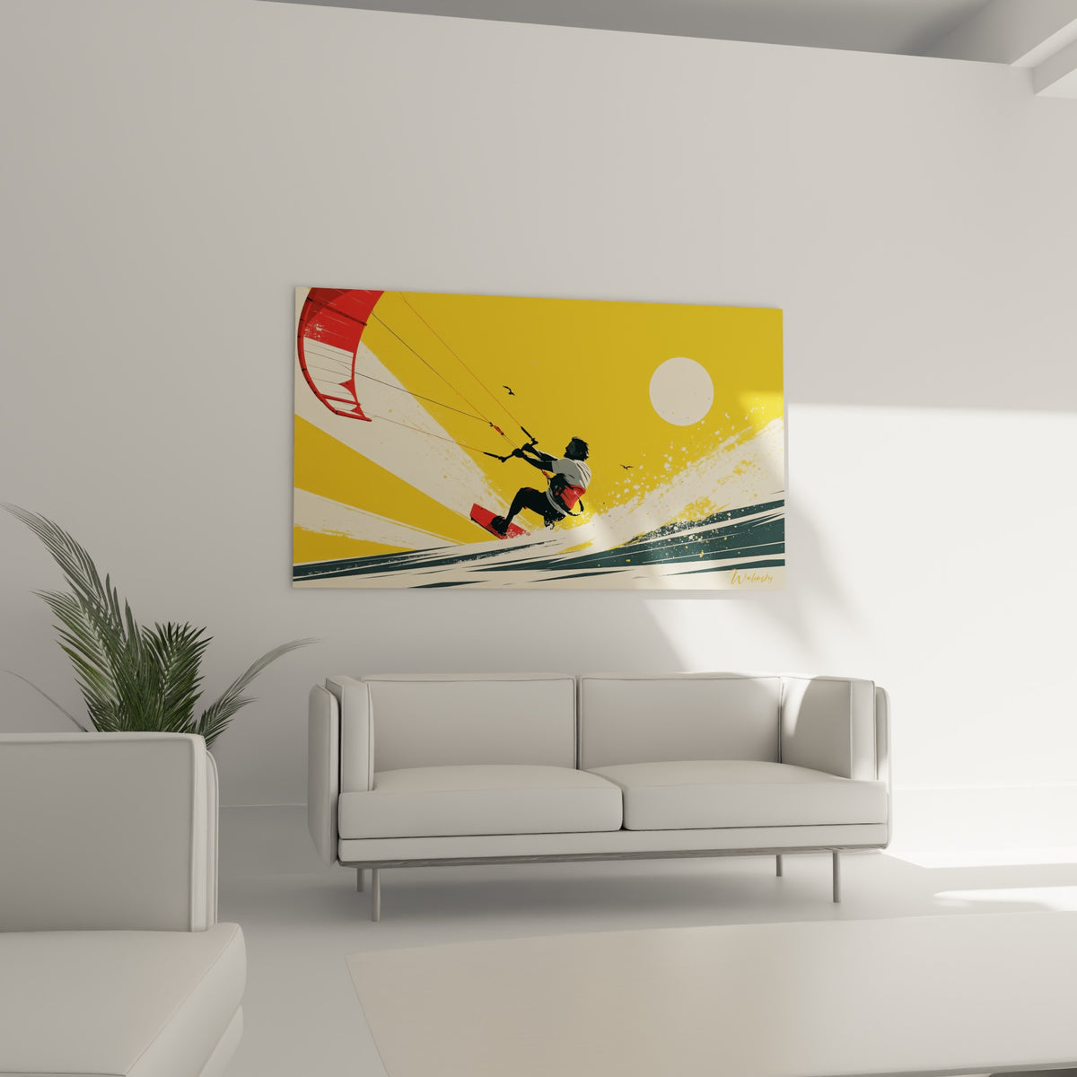 Rider en glisse sur vague anthracite et écume crème, accroché au-dessus d'un canapé dans un salon lumineux