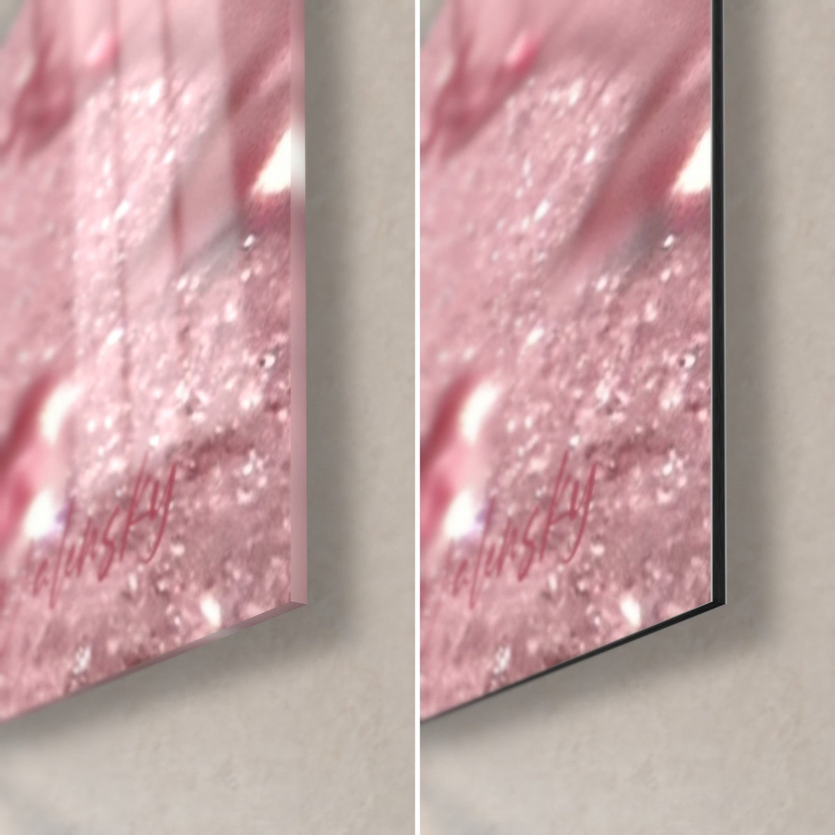 Gemälde Kitesurfen mit leuchtend rosa und himmelblauen Wassertropfen, untere rechte Ecke aus glänzendem Glas und mattem Dibond, 3 mm Stärke