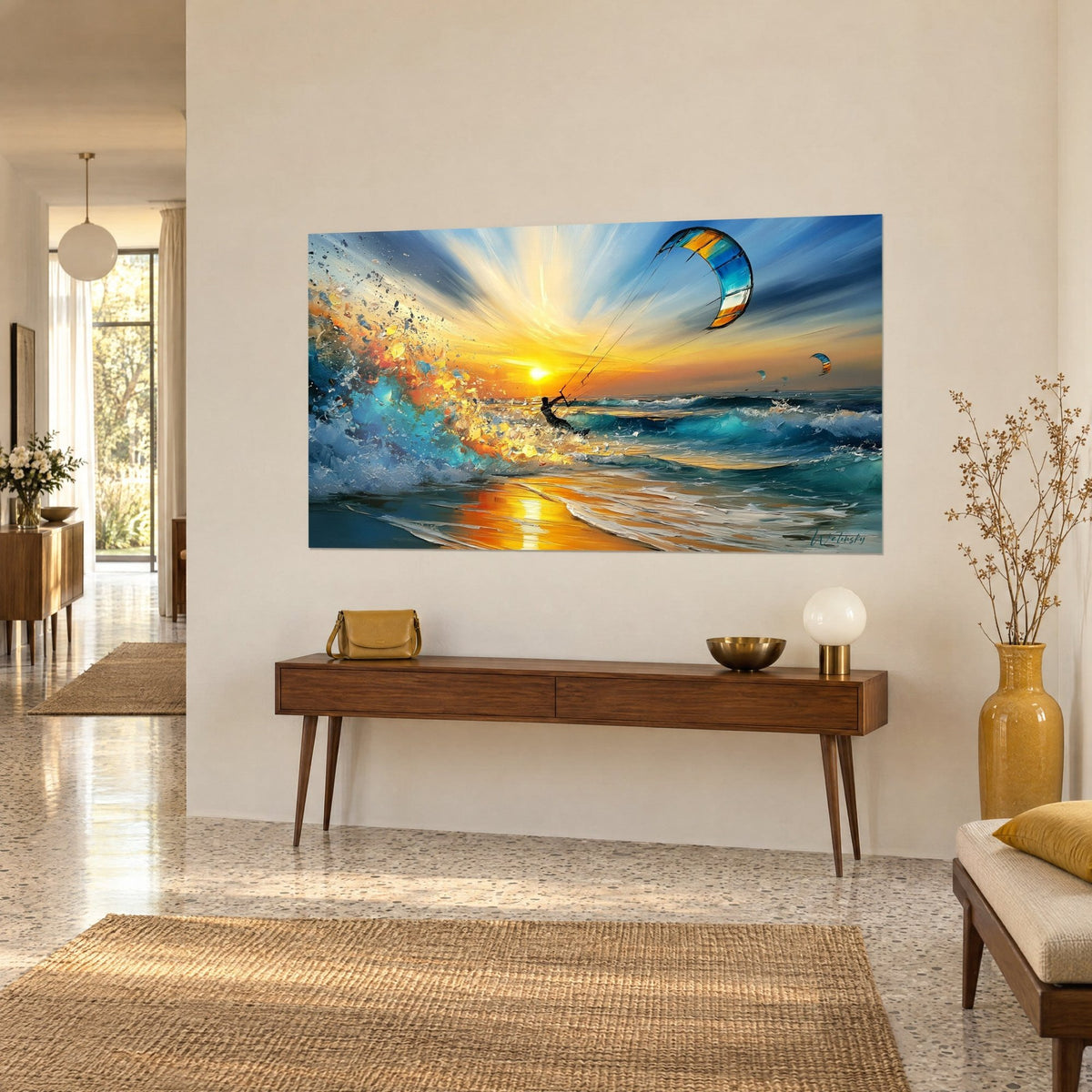 Tableau voile arc-en-ciel tendue sur un ciel bleu et or, éclaboussures peintes au couteau, sur console en bois, vue de trois-quarts