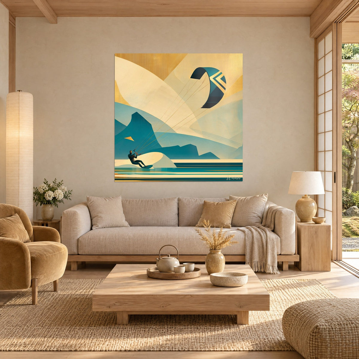 Tableau kitesurfeur glissant sur l'eau, aile bleu pétrole et fond doré, au-dessus d'un canapé dans un salon lumineux