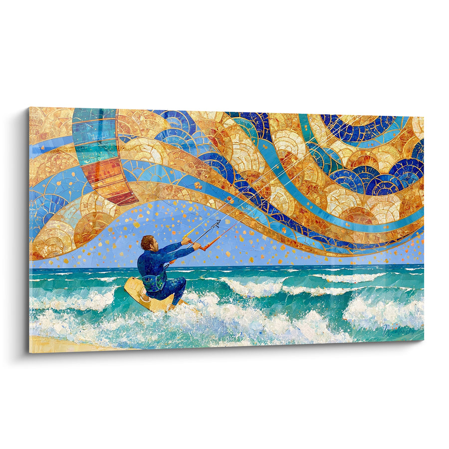 Tableau Kitesurfeur combinaison bleue vagues turquoise - Envolée océanique - Edition Kite surf
