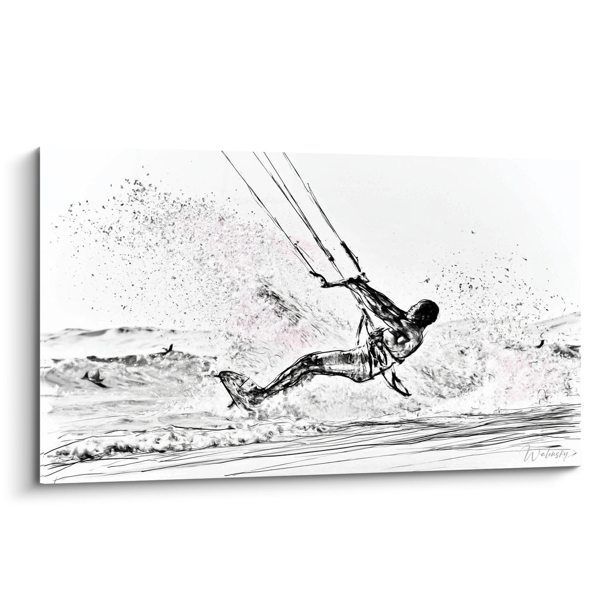 Kitesurfeur noir et blanc en plein saut au-dessus d'une écume blanche et grise