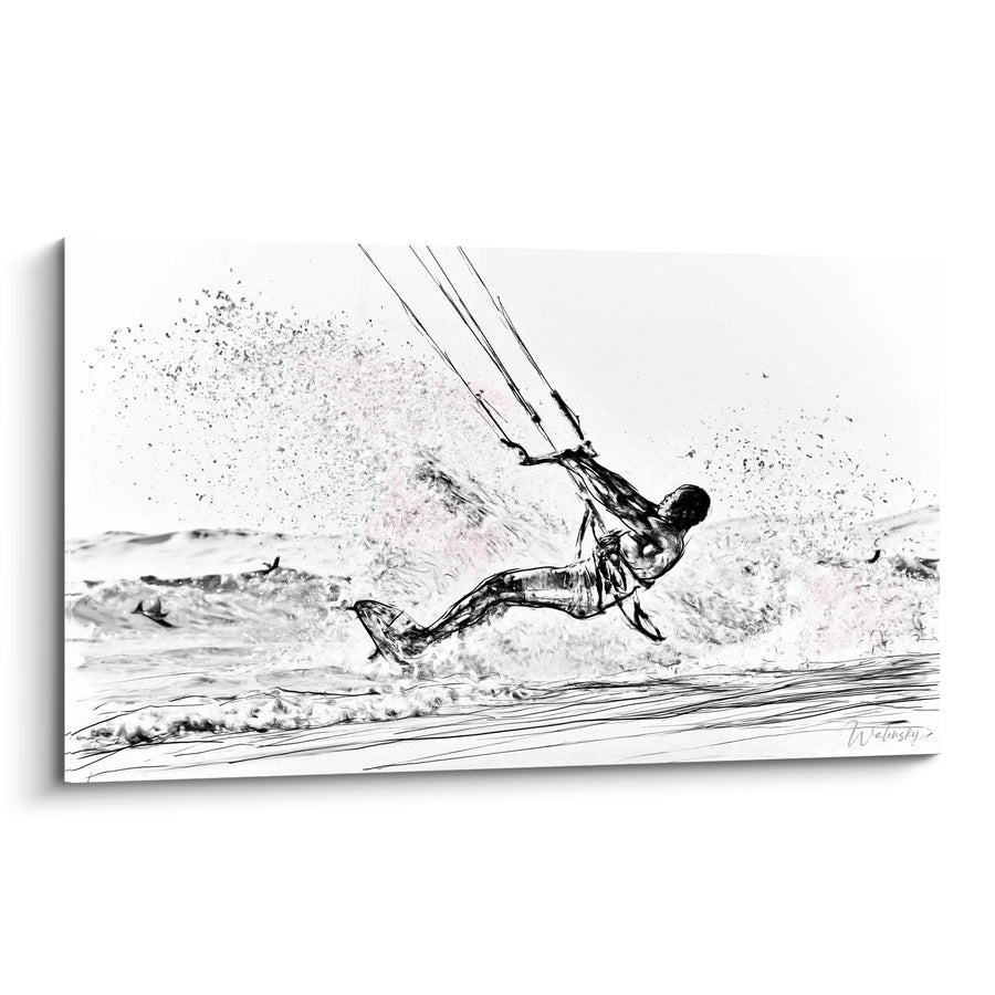 Tableau Kitesurfeur noir et blanc éclaboussures d'eau - Saut suspendu - Edition Kite surf