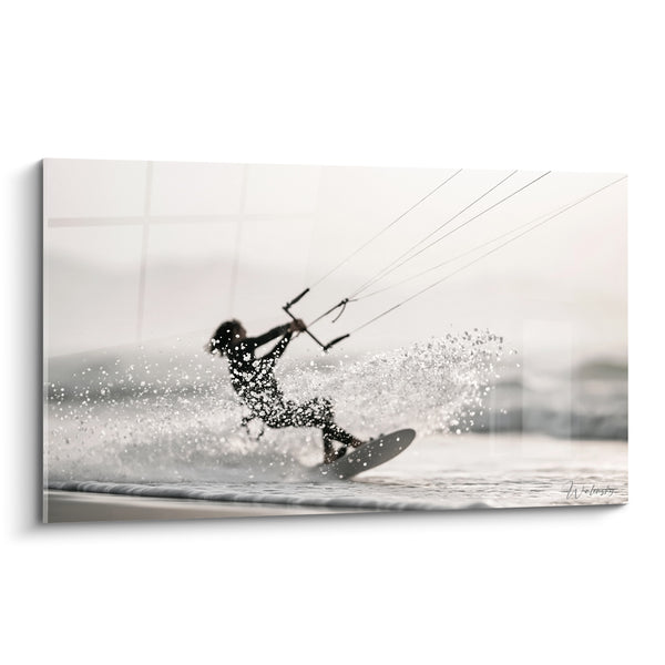 Tableau Kitesurfeur noir et blanc gerbe scintillante - Barre en aluminium - Edition Kite surf