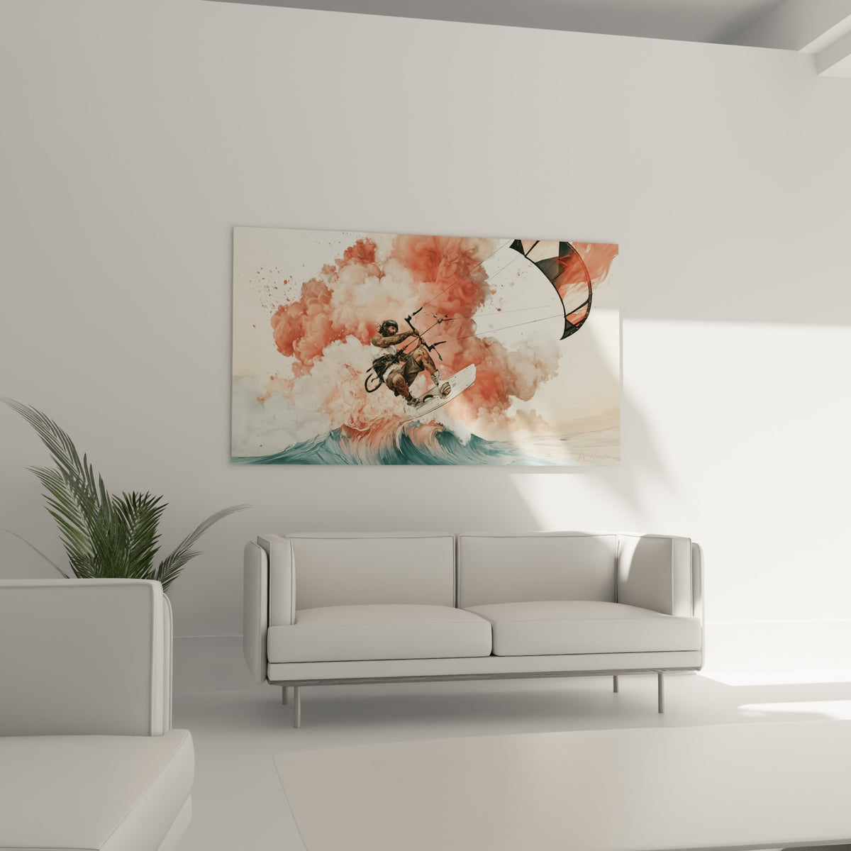 Sportif harnaché entre nuage corail et écume turquoise, au-dessus d'un canapé dans un salon lumineux