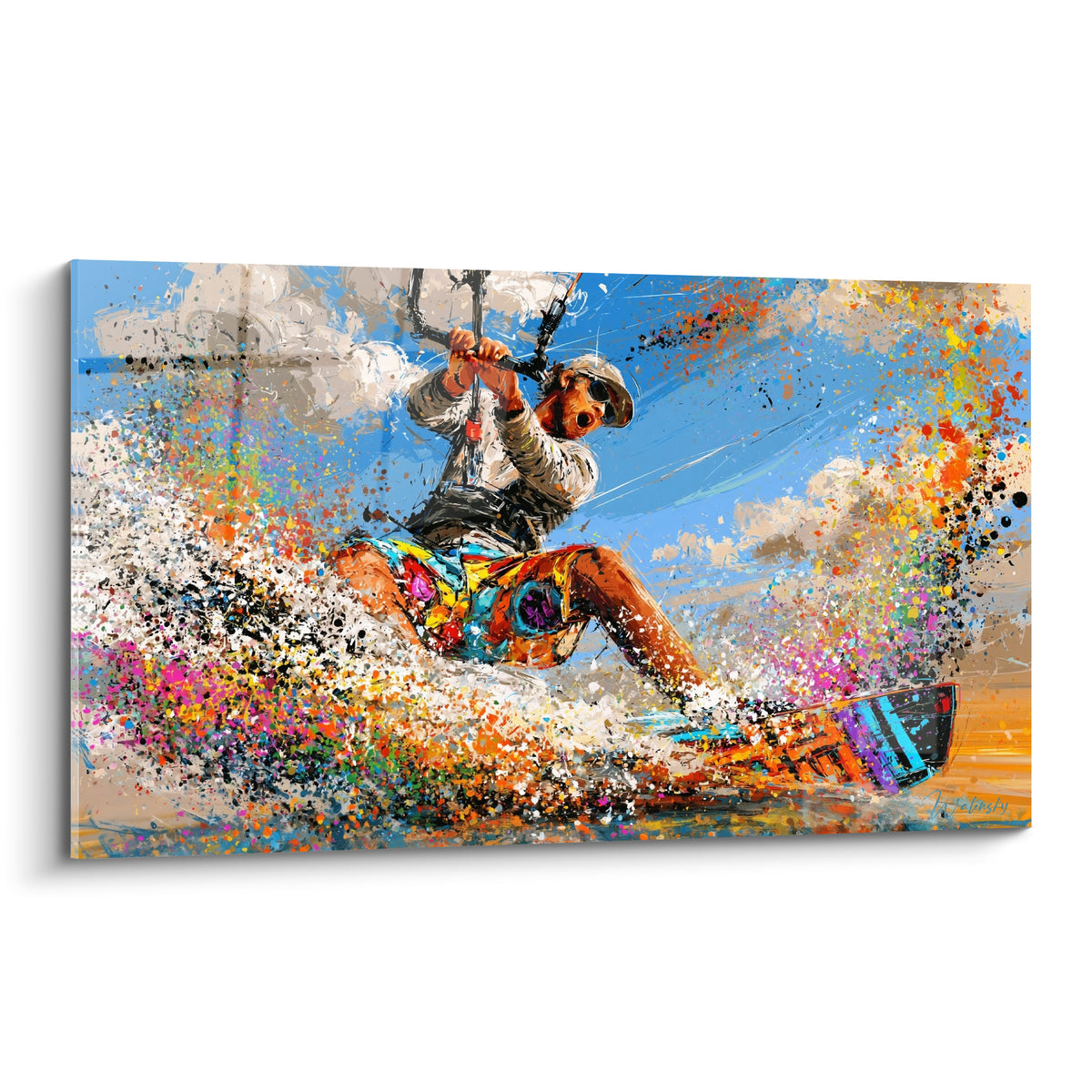 Kitesurfeur en combinaison colorée fendant l'eau, éclats orange et turquoise, style abstrait éclaté