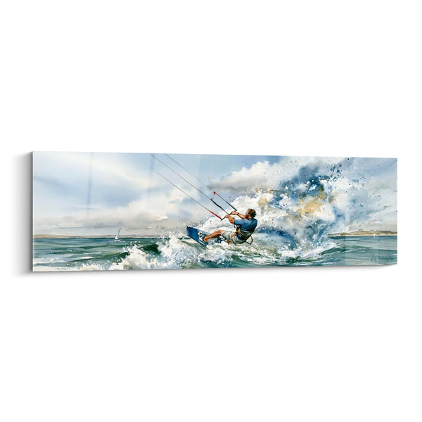 Tableau Kitesurfeur bleu et blanc fendant les vagues - Éclaboussure marine - Edition Kite surf