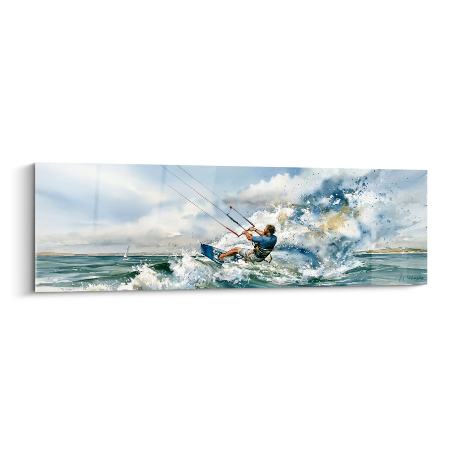 Tableau Kitesurfeur bleu et blanc fendant les vagues - Éclaboussure marine - Edition Kite surf