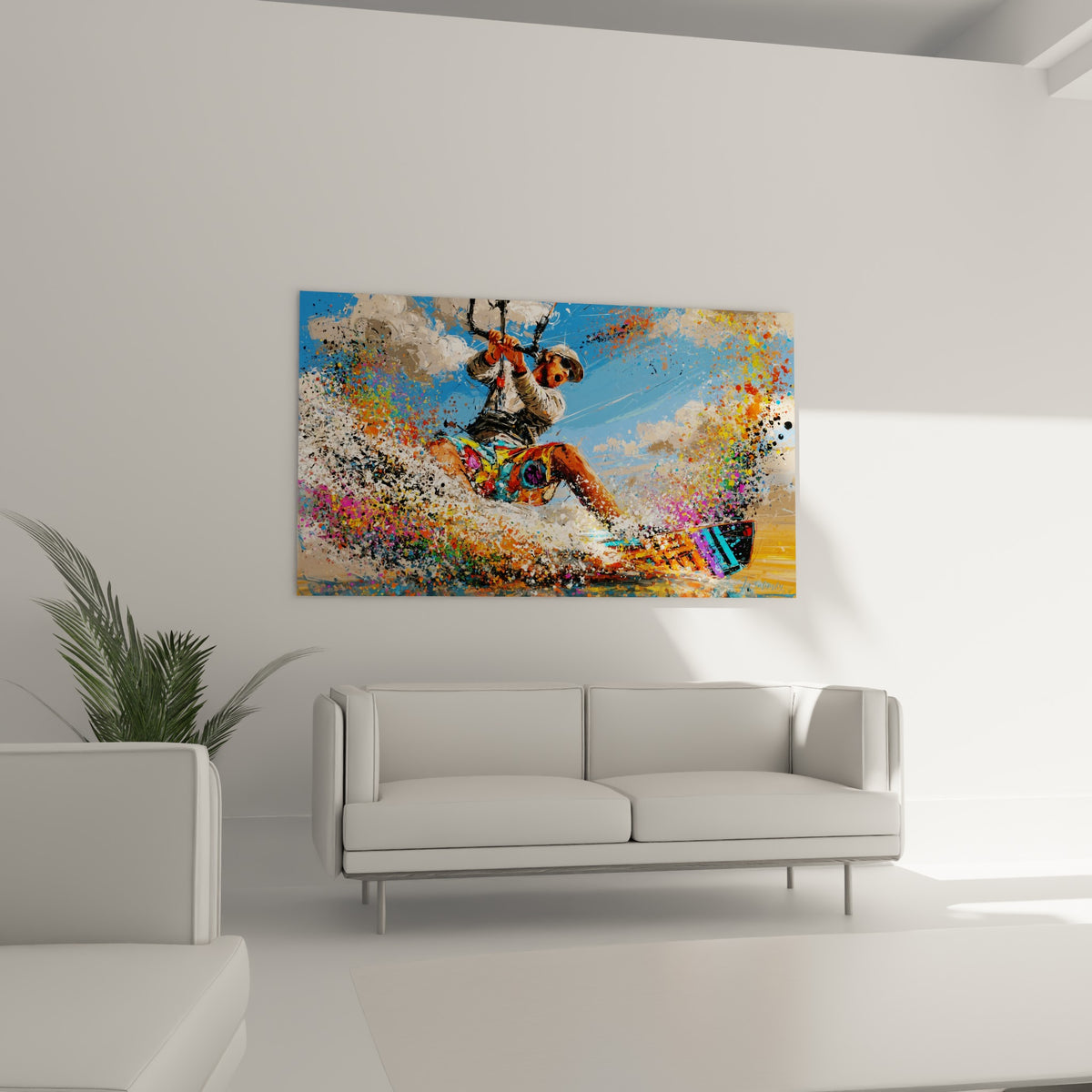 Planche bleue et rouge fendant les vagues, écume multicolore, au-dessus d'un canapé dans un salon lumineux