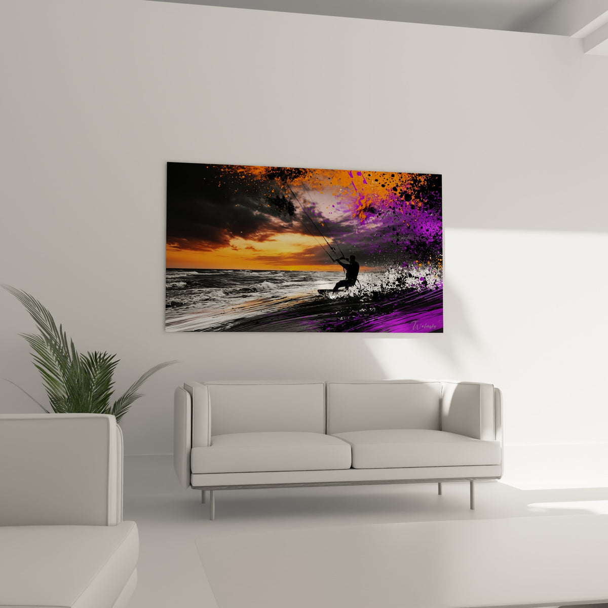 Planche de kitesurf glissant sur l'écume blanche, entourée d'éclats orange et violets, au-dessus d'un canapé dans un salon lumineux