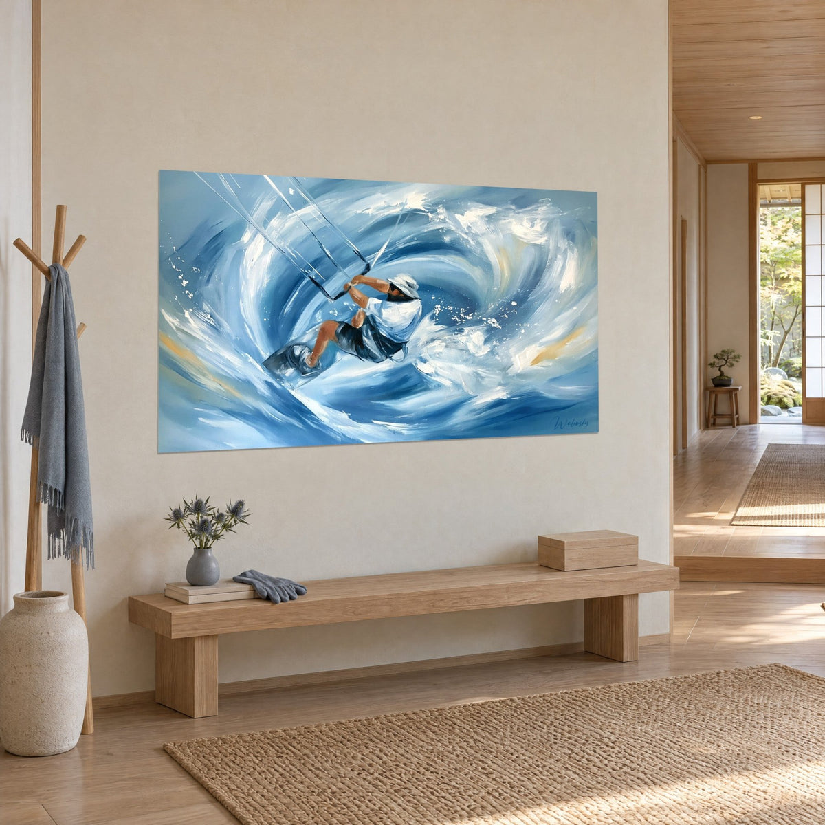 Tableau voltige en kite surf, planche sombre et écume ivoire dans une spirale azur striée d'or, vue de trois-quarts, entrée japandi