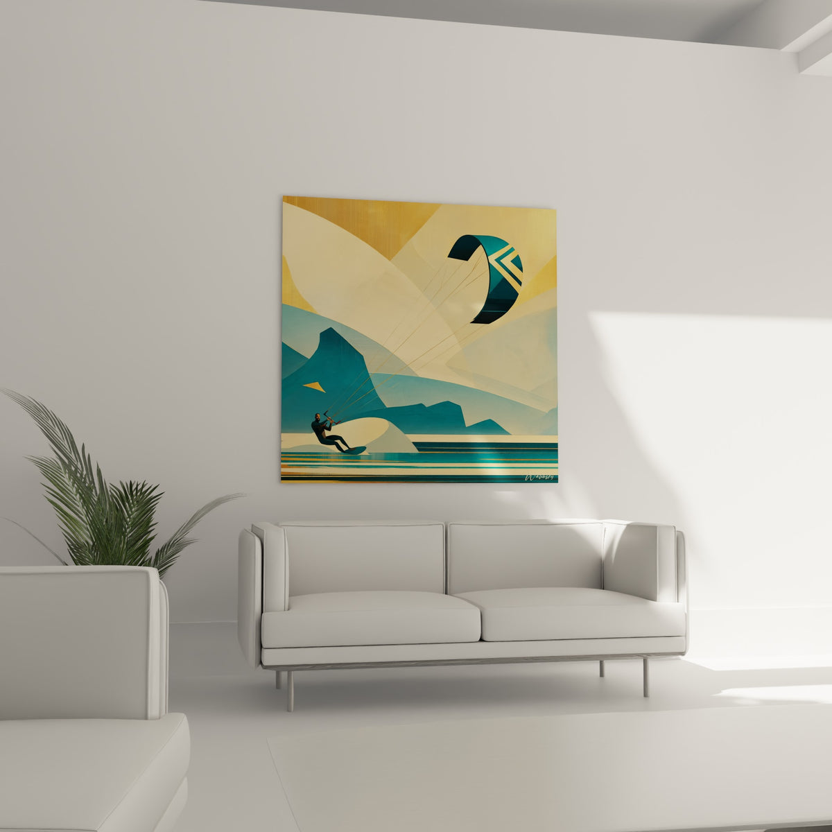 Silhouette du kitesurfeur ocre glissant sur l'eau turquoise au-dessus d'un canapé dans un salon lumineux