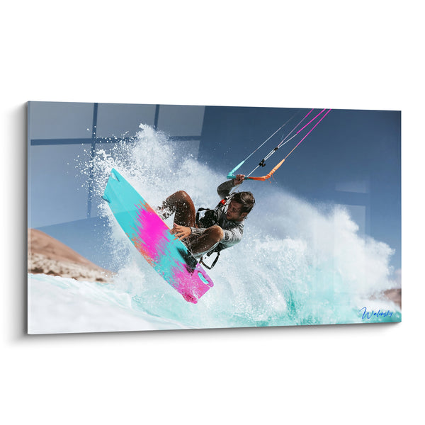 Tableau Kitesurfeur planche turquoise et rose éclaboussée d'écume - Barres de contrôle orange - Edition Kite surf
