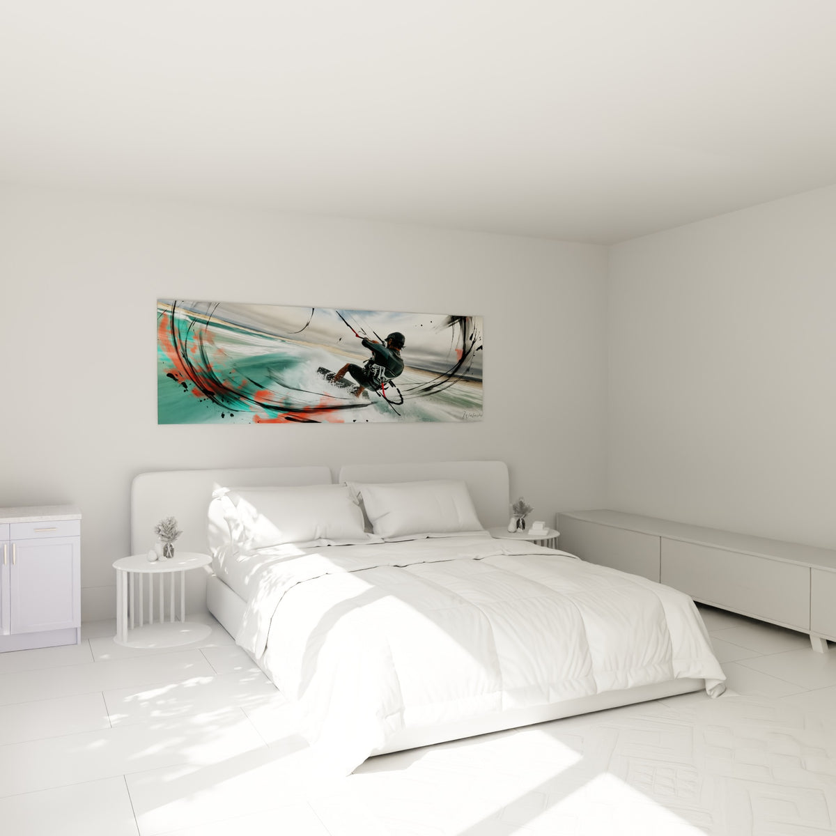 Rider capturé en pleine glisse, écume turquoise et touches corail, au-dessus d'un lit dans une chambre claire