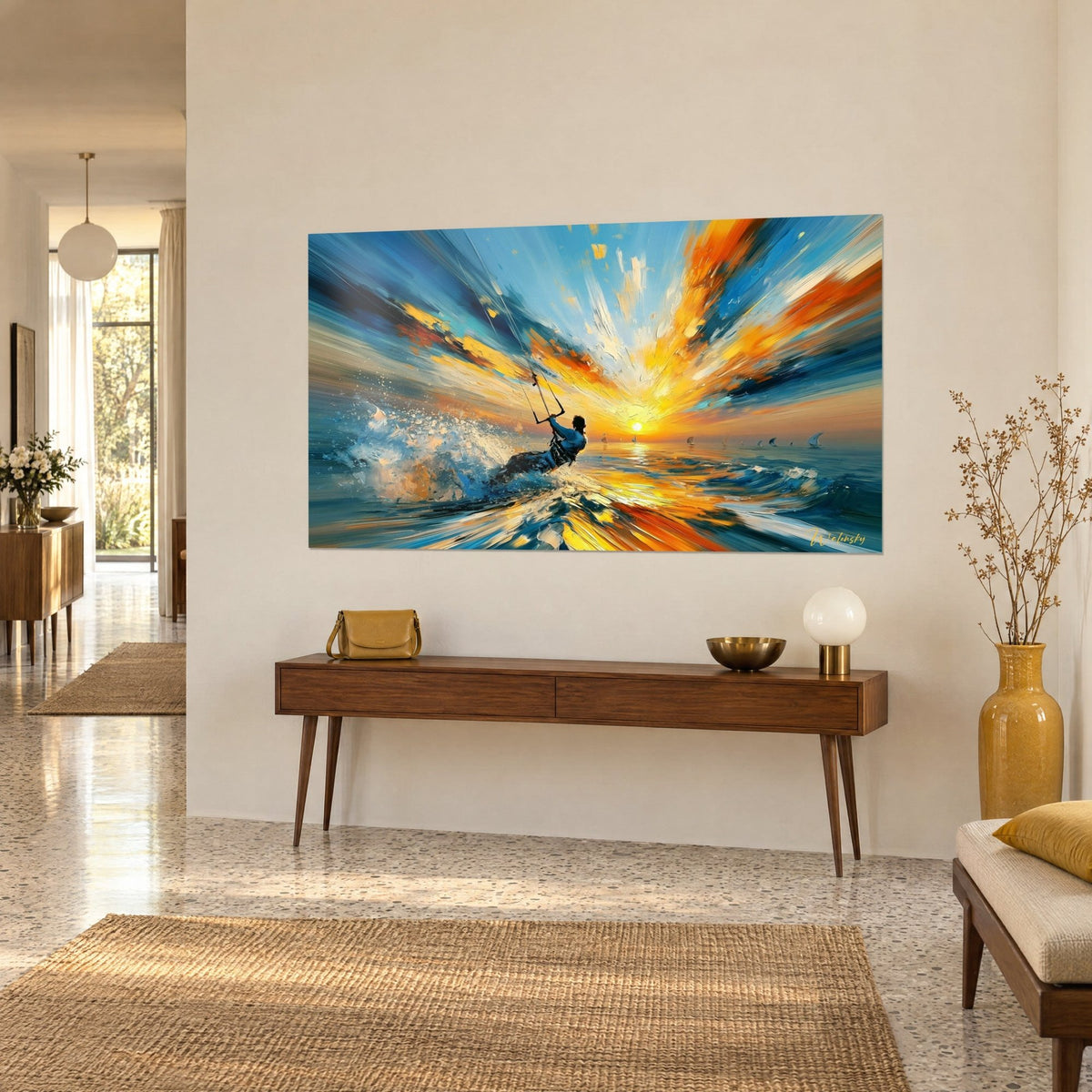 Quadro aquilone da kite teso verso un sole giallo brillante, raggi arancio e blu a spatola, console in legno, vista di tre quarti