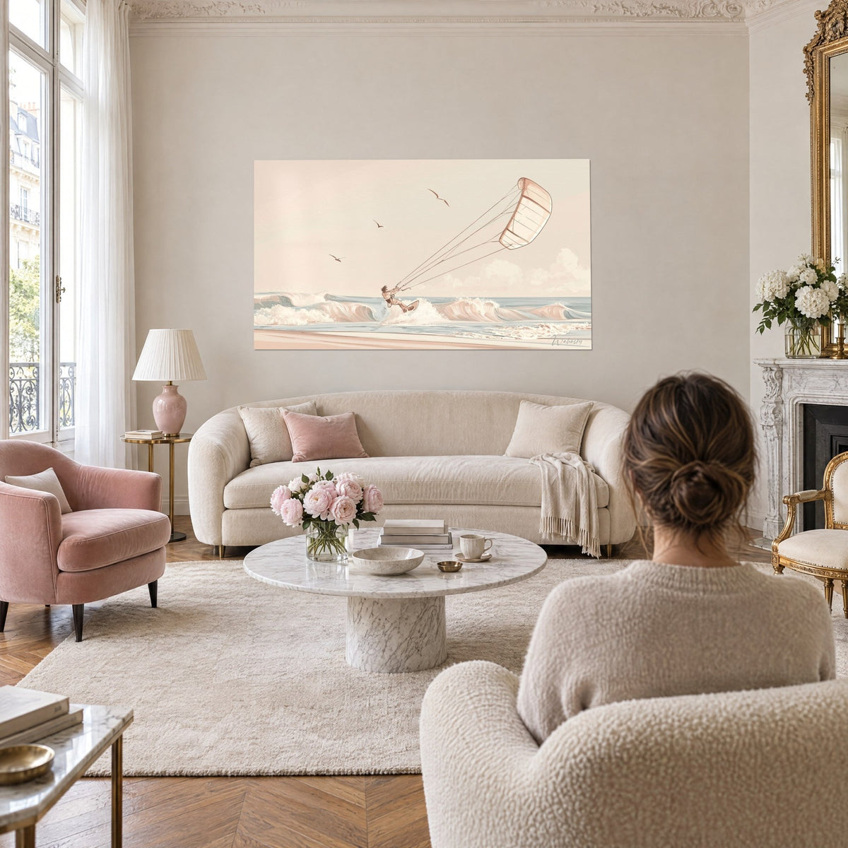 Tableau kitesurfeur suspendu sous sa voile rose pâle, vagues bleu-gris et mouettes, au-dessus d'un canapé dans un salon lumineux