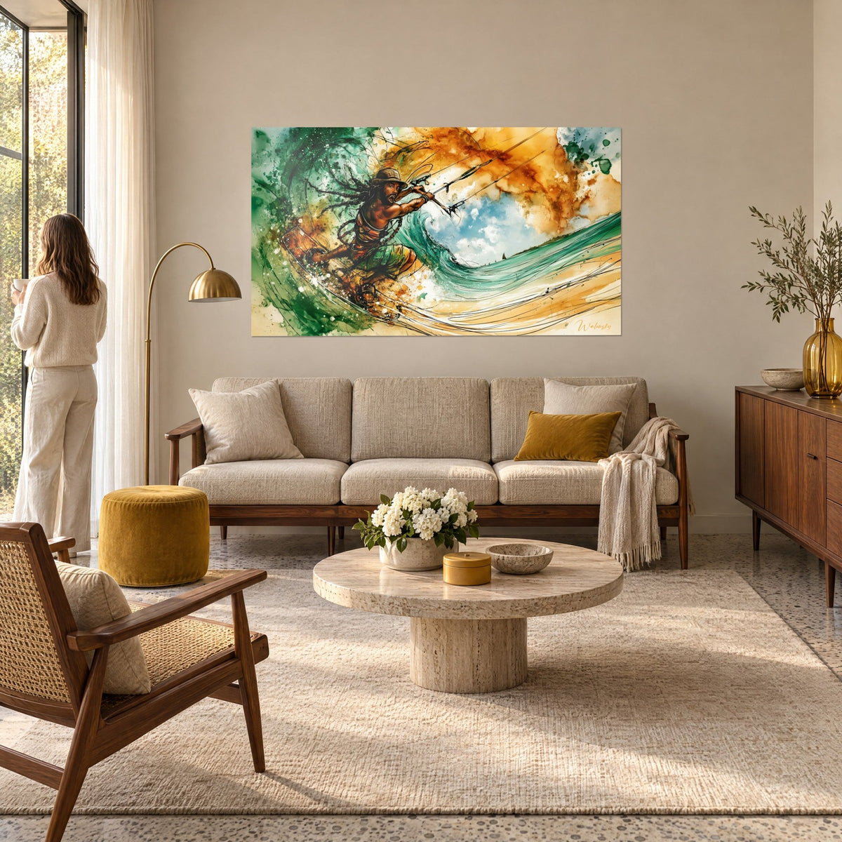 Tableau kitesurfeur à dreadlocks tirant sa barre sur une vague turquoise, ciel ocre, au-dessus d'un canapé dans un salon lumineux