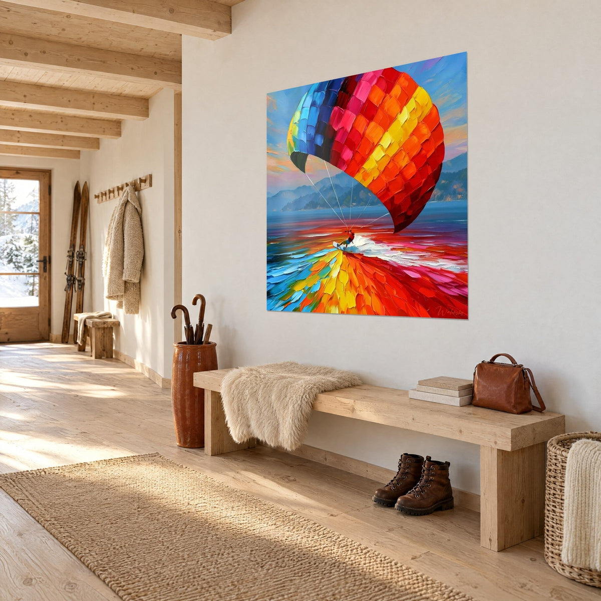 Tableau voile de kite en carrés de peinture jaune et rouge, ciel bleu et collines, accroché sur un mur blanc d'entrée en chalet