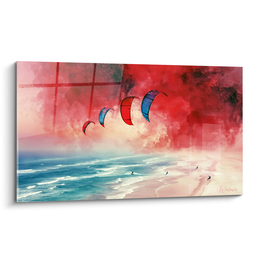 Tableau Voiles rouge et bleu alignées dans le ciel - Quatre kitesurfeurs miniatures sur plage - Edition Kite surf