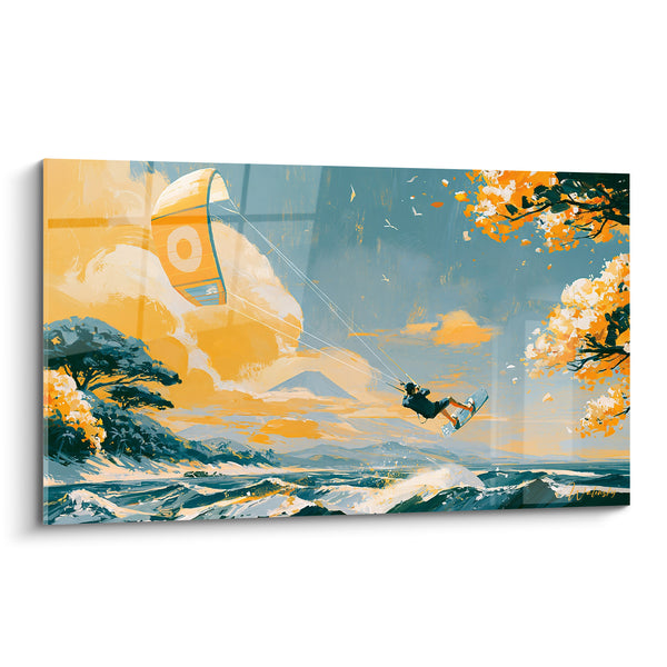 Tableau Kitesurfeur voile jaune arbres en fleurs - Montagne et volcan lointain - Edition Kite surf