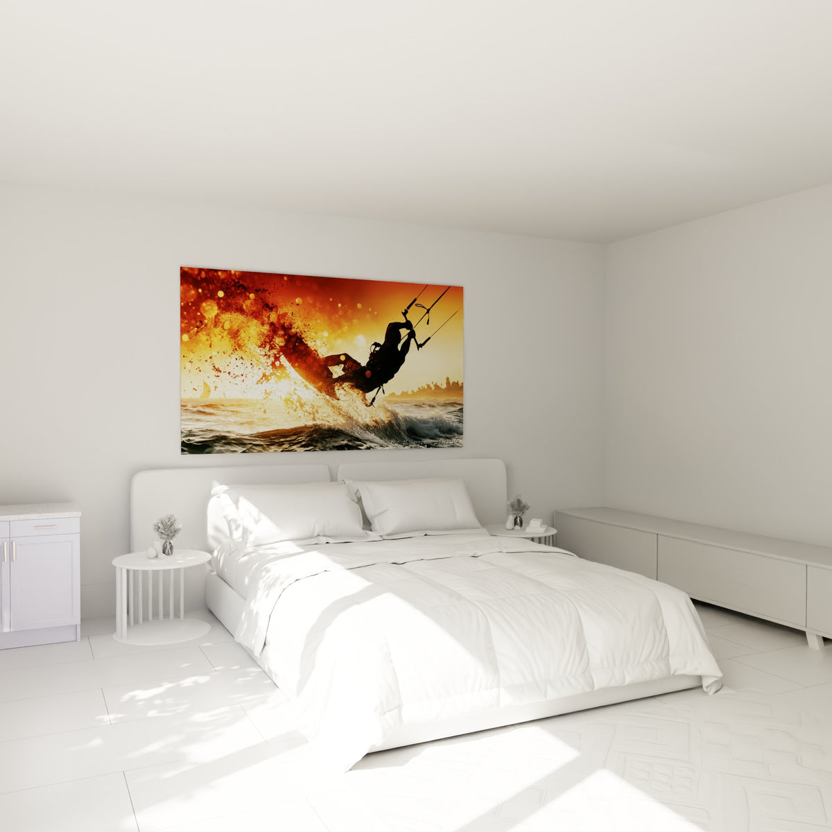 Sportif en plein saut sur fond orange embrasé, au-dessus d'un lit dans une chambre claire