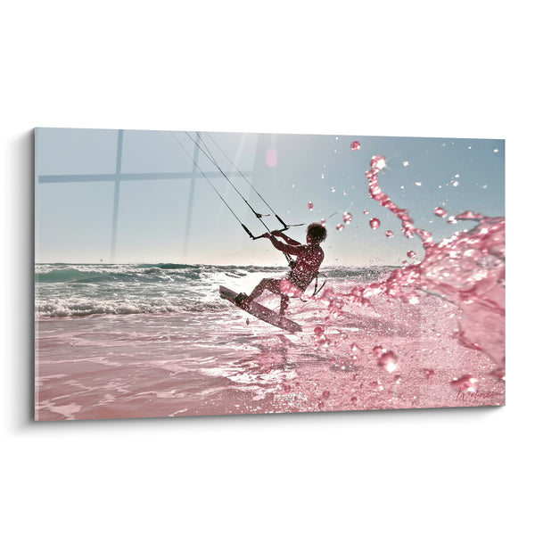 Kitesurf-Gemälde mit rosa und blauen Spritzern – Sprung über den Wellen – Edition Kitesurfen