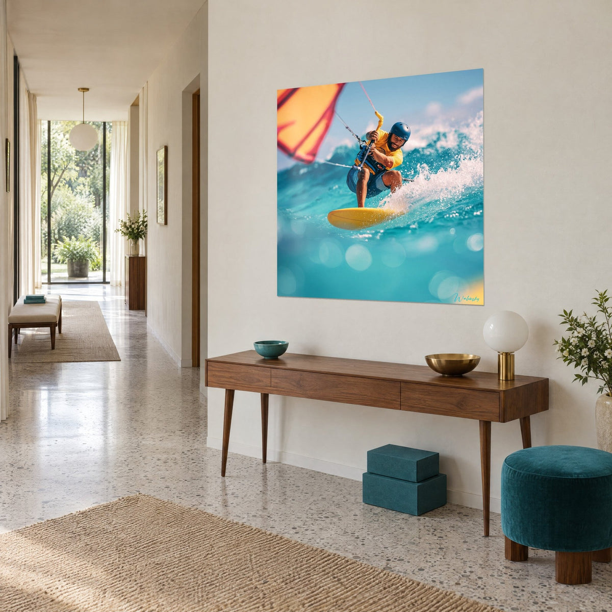 Tableau sportif barbu cramponné à sa barre sur une planche jaune, écume blanche et mer turquoise, couloir années 50