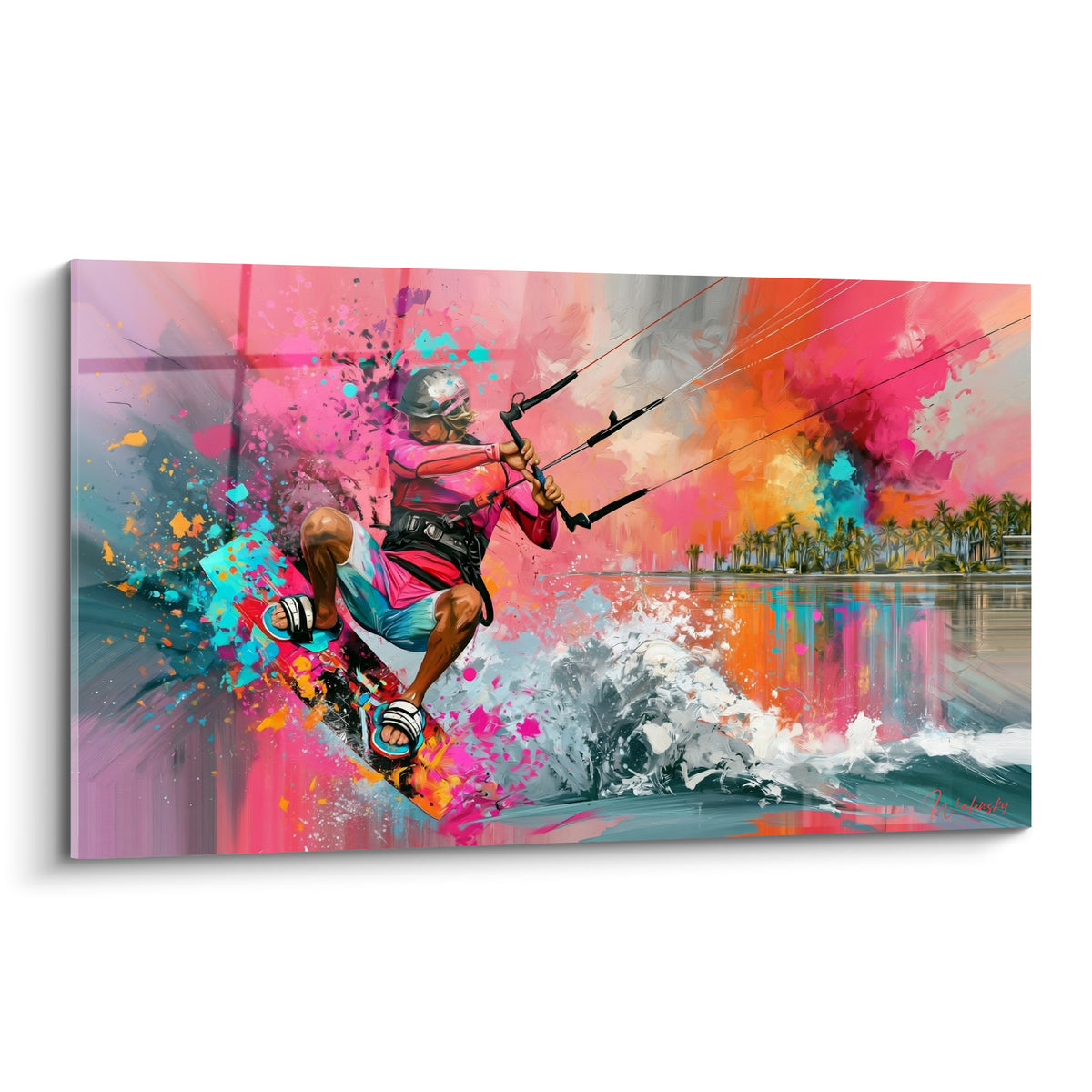Kitesurfeur en plein saut, combinaison rose et turquoise, écume blanche et ciel orangé peint