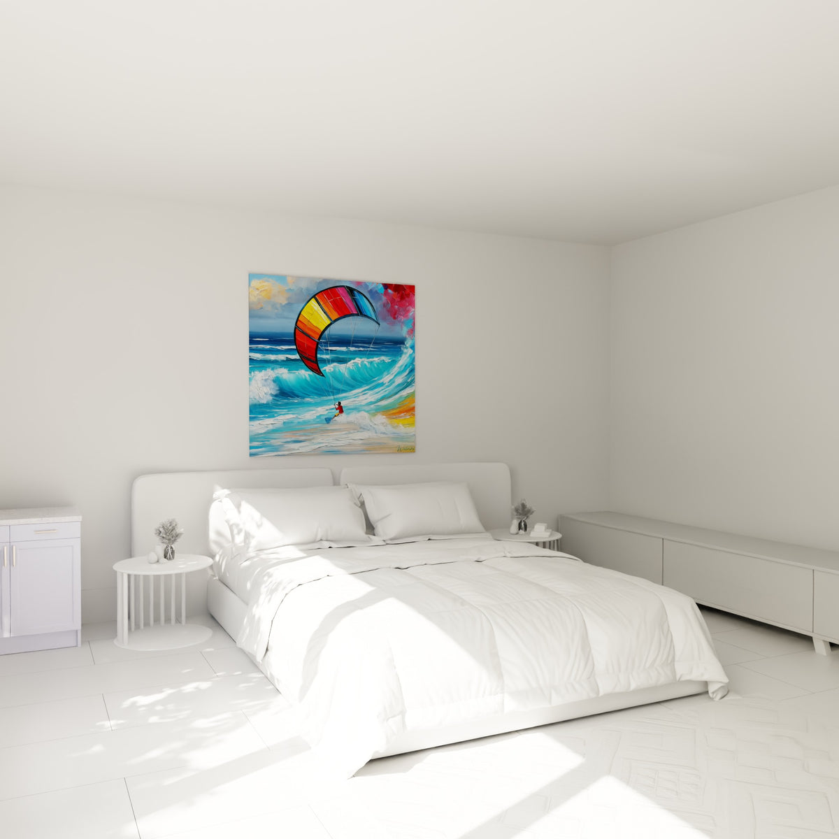 Silhouette de kitesurfeur porté par une voile arc-en-ciel, au-dessus d'un lit dans une chambre claire