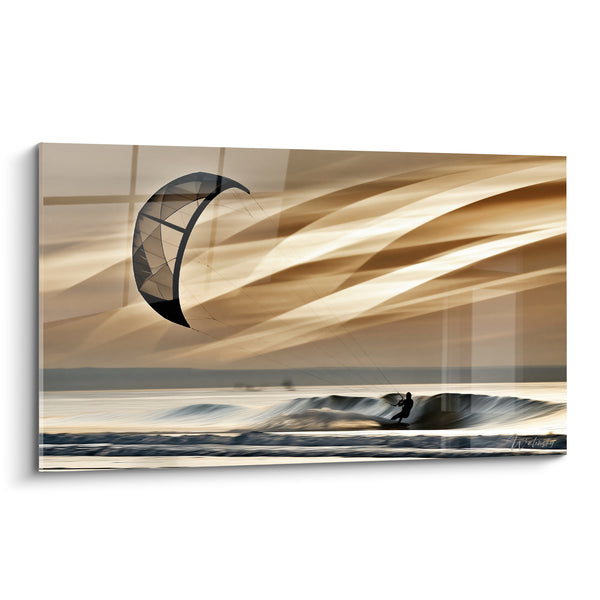 Tableau Kitesurfeur silhouette dorée sur vague - Souffle du crépuscule - Edition Kite surf