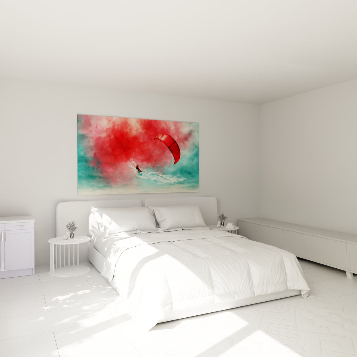 Silhouette de kitesurfeur rouge et vagues turquoise, au-dessus d'un lit dans une chambre claire
