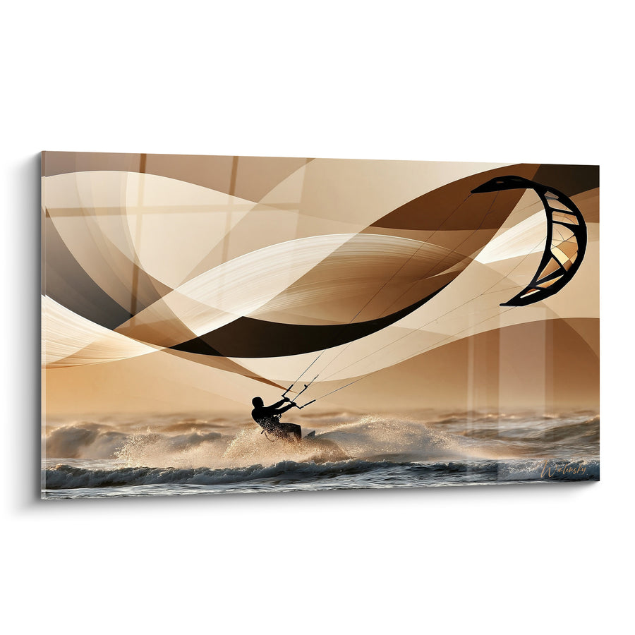 Tableau Kitesurfeur silhouette dorée vagues abstraites - Envolée dorée - Edition Kite surf