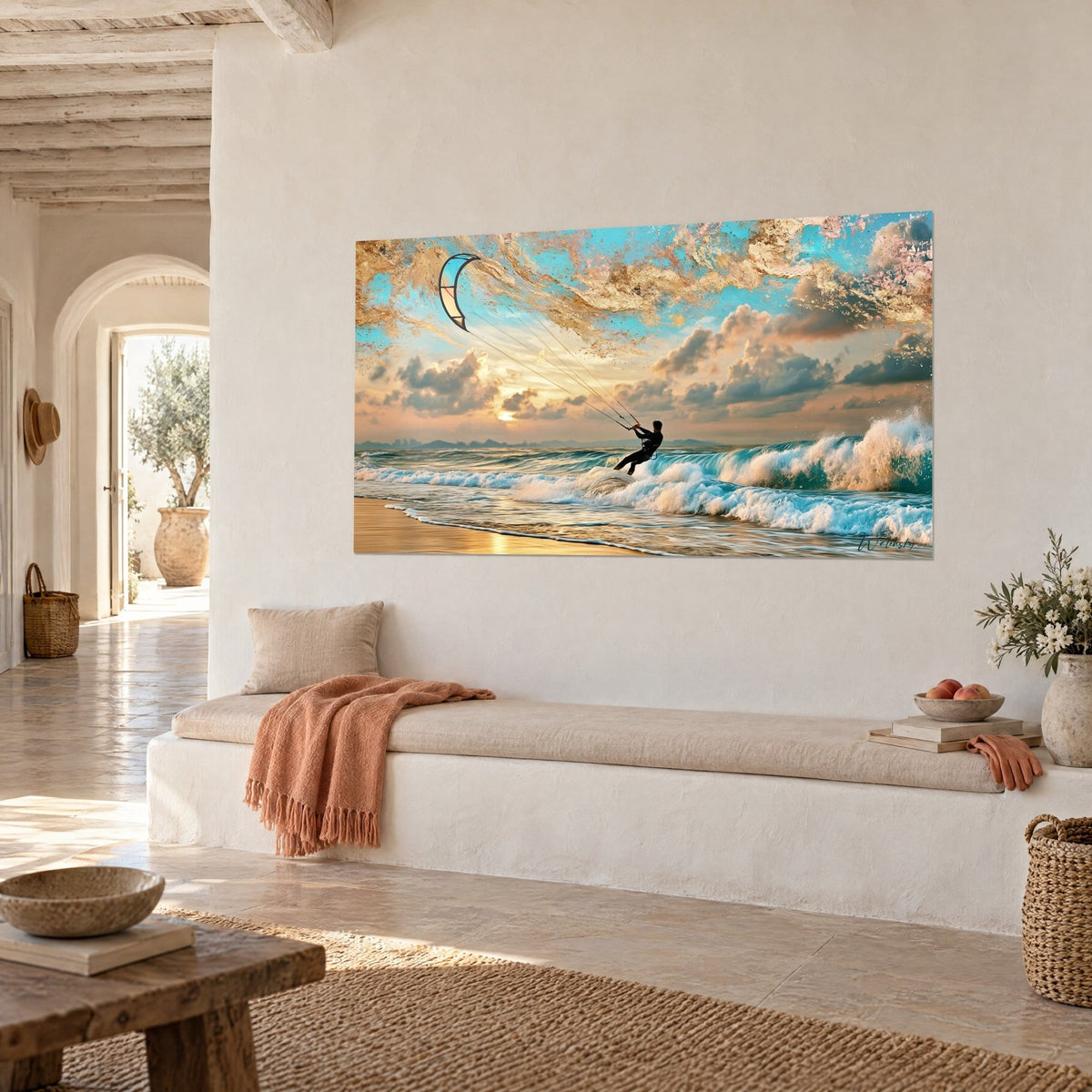 Quadro di una vela da kite a mezzaluna avorio in un cielo turchese striato d'oro, onde bianche, vista di tre quarti, panca bianca e plaid corallo