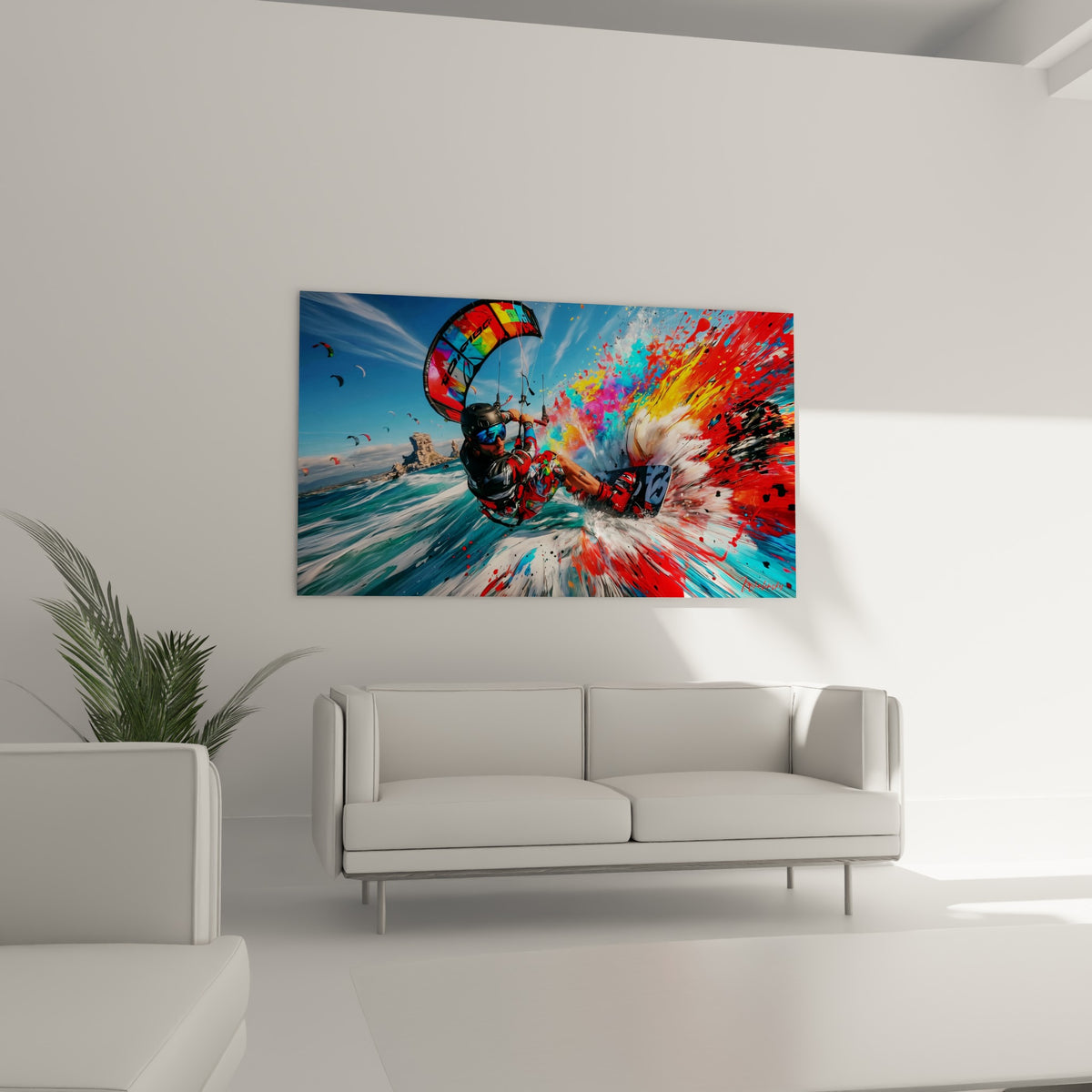 Silhouette athlétique en action sur fond bleu marine et rouge vif, positionnée au-dessus d'un canapé dans un salon lumineux