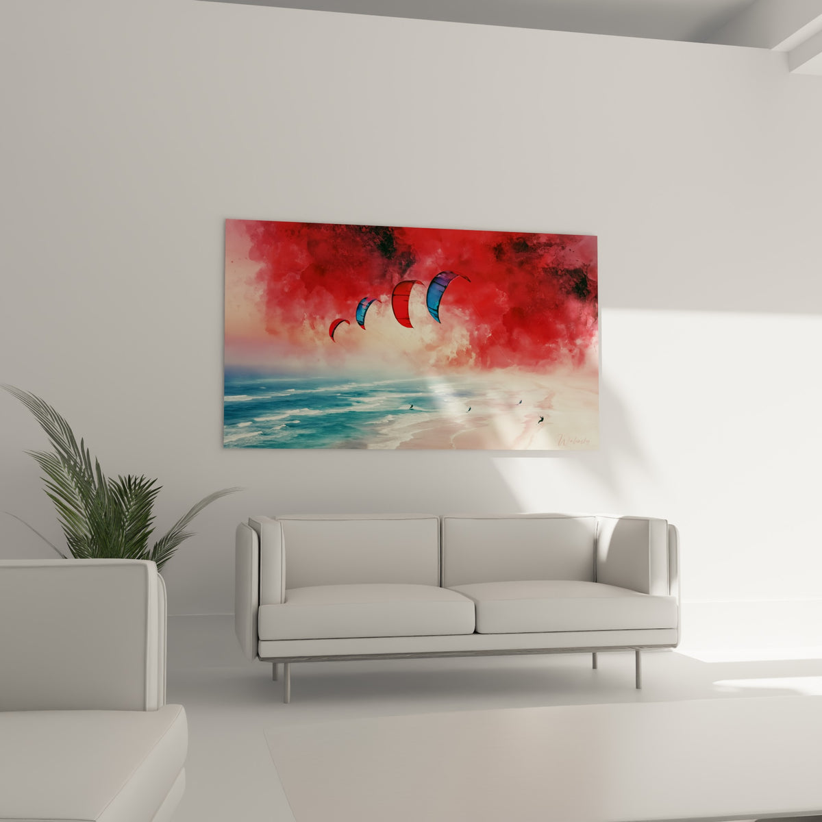 Silhouettes de kitesurfeurs glissant sur l'écume blanche, tableau rouge et turquoise au-dessus d'un canapé dans un salon lumineux
