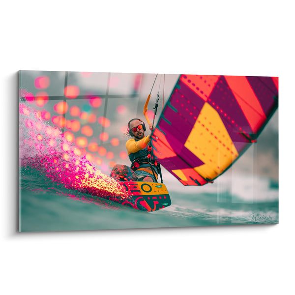 Tableau Kitesurfeur aux étincelles roses et dorées - Sillage incandescent - Edition Kite surf