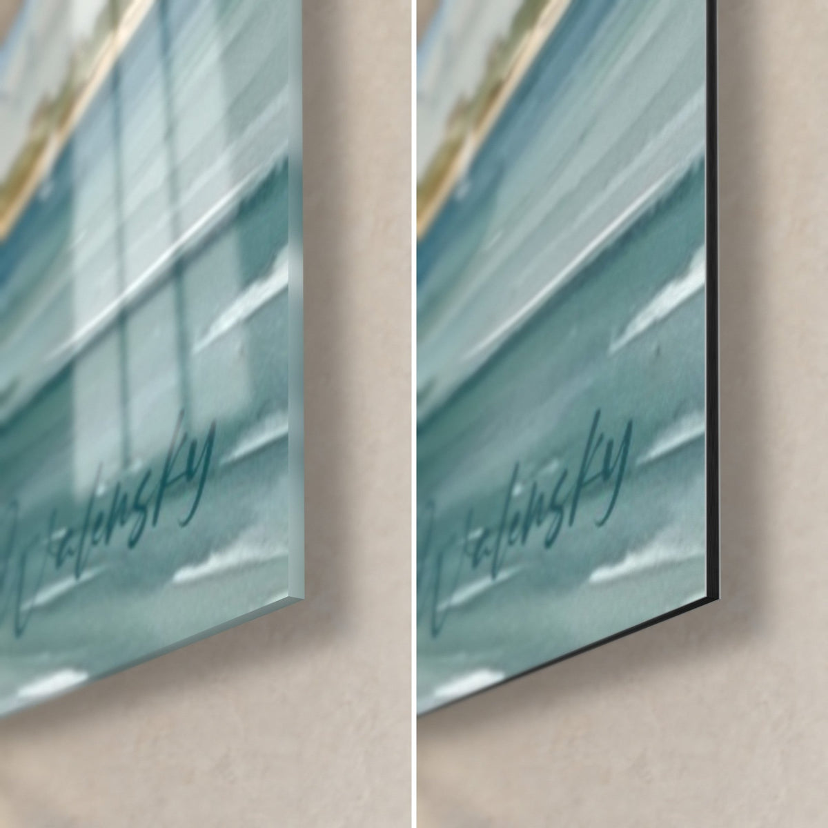 Tableau kitesurfeur en bleu marine et blanc, coin bas droit : verre acrylique brillant à gauche, alu Dibond mat à droite, tranche de 3 mm