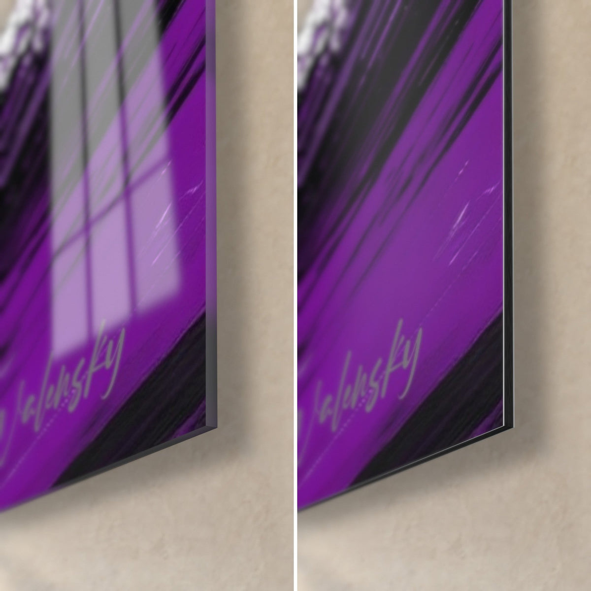 Tableau kitesurfeur crépusculaire, coin bas droit : verre acrylique brillant aux reflets violets, alu Dibond mat noir, tranche de 3 mm
