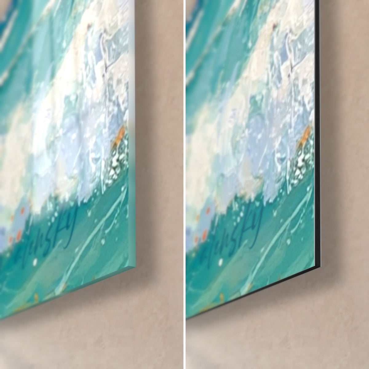 Tableau kitesurfeur sur planche jaune, écume turquoise et blanche au coin bas droit, verre acrylique brillant et alu Dibond mat, tranche de 3 mm