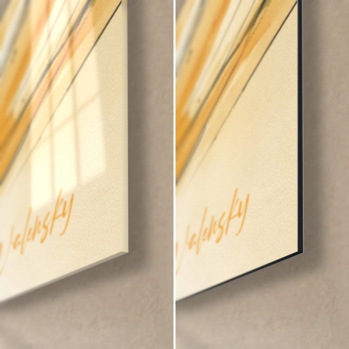 Tableau kiteur sur planche, coin bas droit : verre acrylique brillant à gauche, Dibond mat à droite, tranche noire de 3 mm