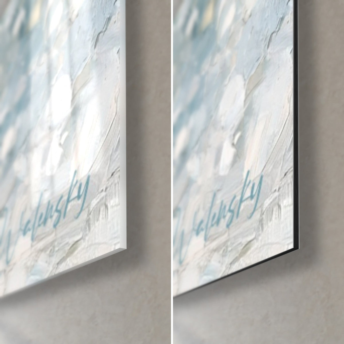 Tableau kitesurfeur en noir sur écume blanche, coin bas droit : verre acrylique brillant à gauche, alu Dibond mat, tranche de 3 mm