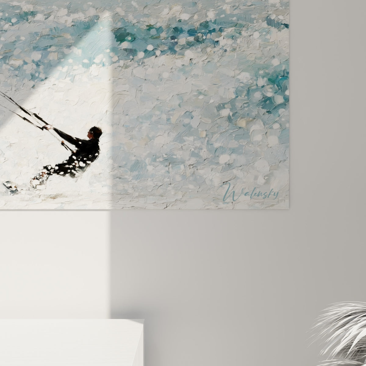 Empâtements épais d'écume blanche et touches bleu gris révélant la matière picturale du tableau kitesurf