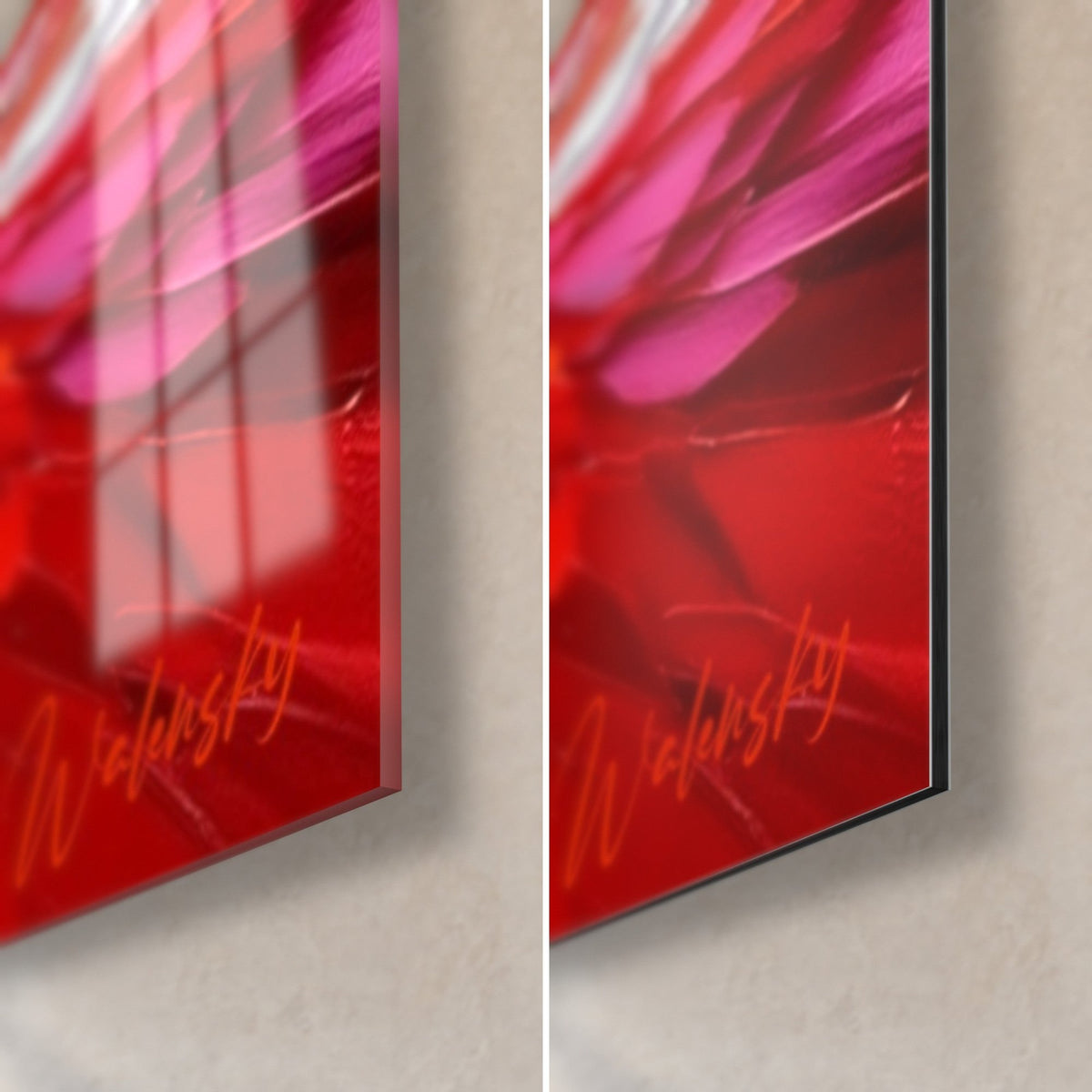 Tableau aile de kite rouge vif et rose, coin bas droit : verre acrylique brillant à gauche, Dibond mat à droite, tranche de 3 mm