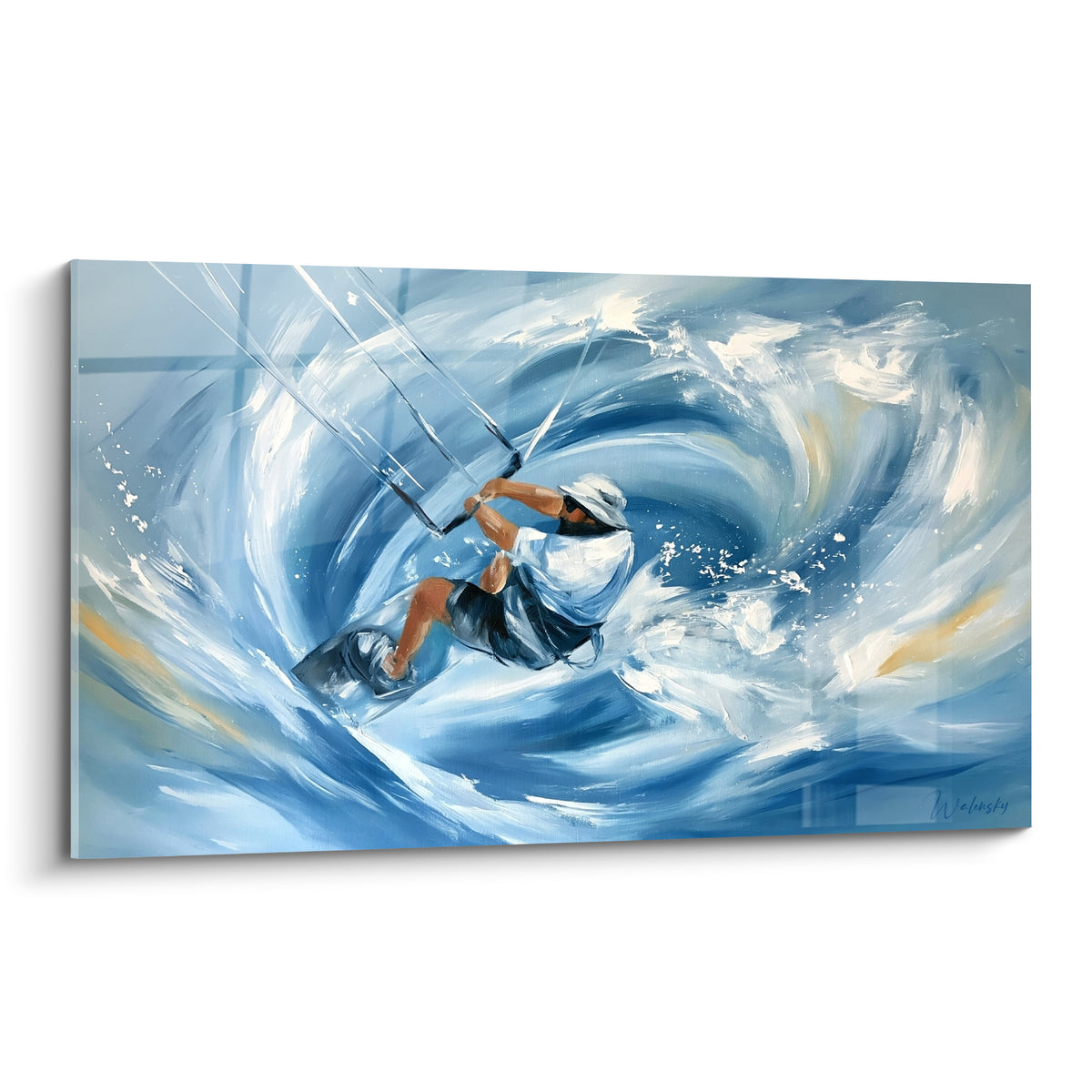Tableau kitesurfeur en action dans un tourbillon bleu marine et blanc, planche inclinée, écume dorée