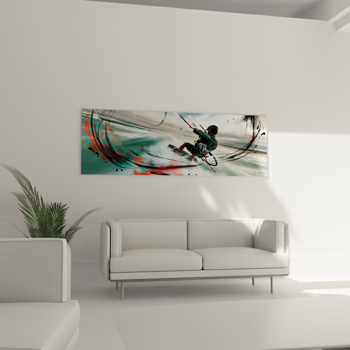 Sportif de kitesurf dans un tourbillon d'encre noire et de vagues turquoise, au-dessus d'un canapé dans un salon lumineux
