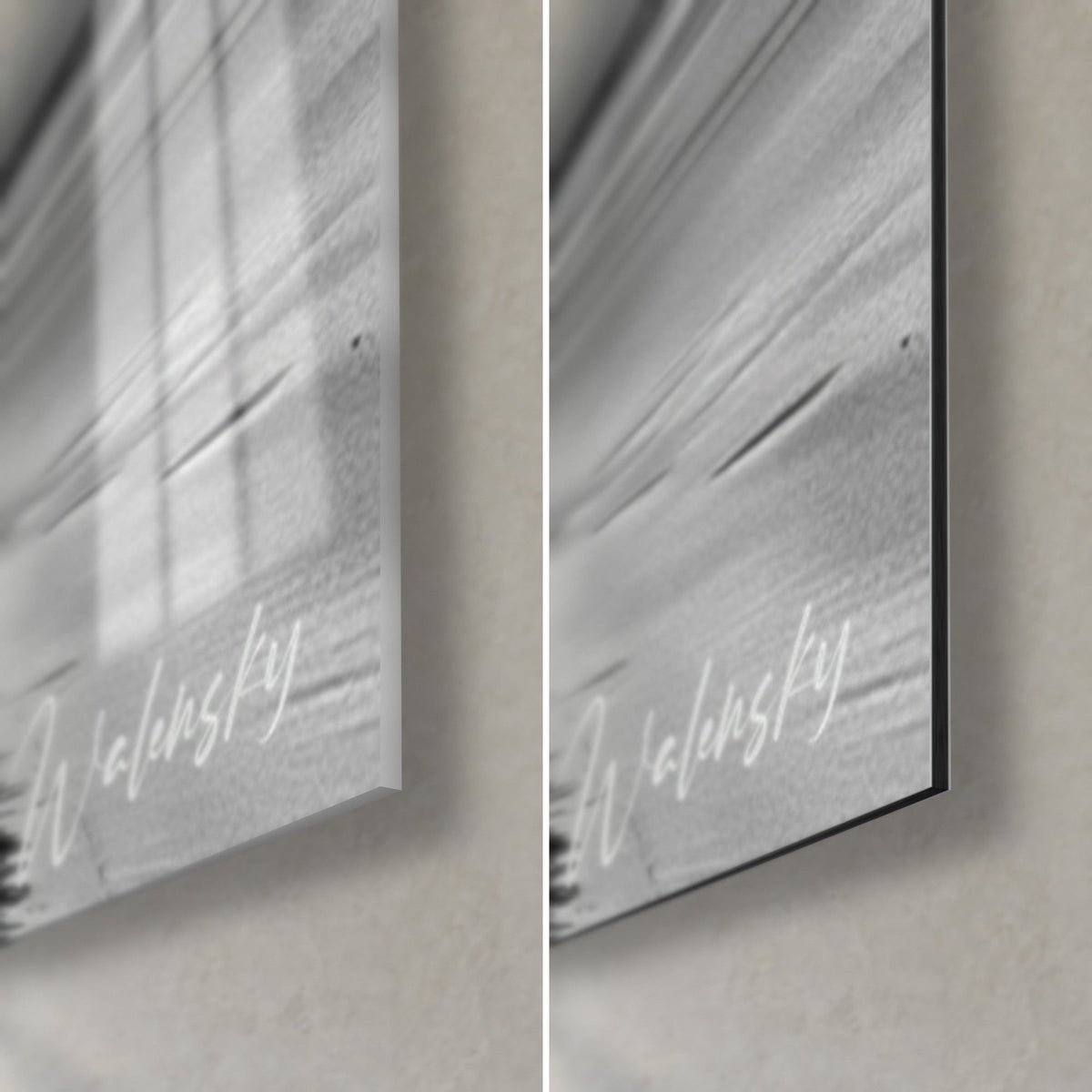 Tableau kitesurfeur glissant, coin bas droit : verre acrylique brillant et alu Dibond mat noir et gris, tranche de 3 mm