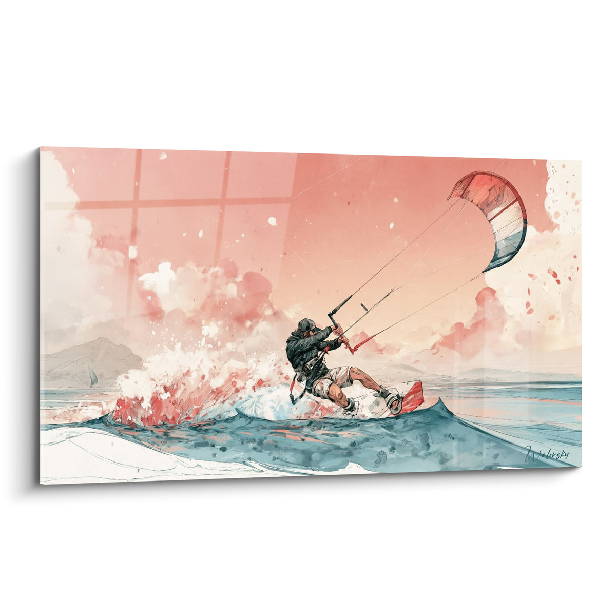 Kitesurfeur en glisse sur vague bleu pétrole sous ciel corail, voile tendue et écume blanche éclatée