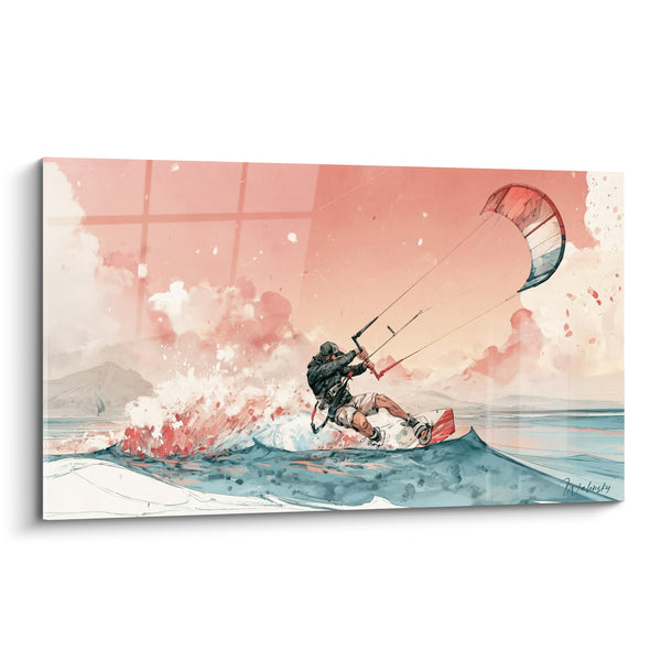 Tableau Kitesurfeur sur vague corail et bleu - Élan sur l'écume - Edition Kite surf