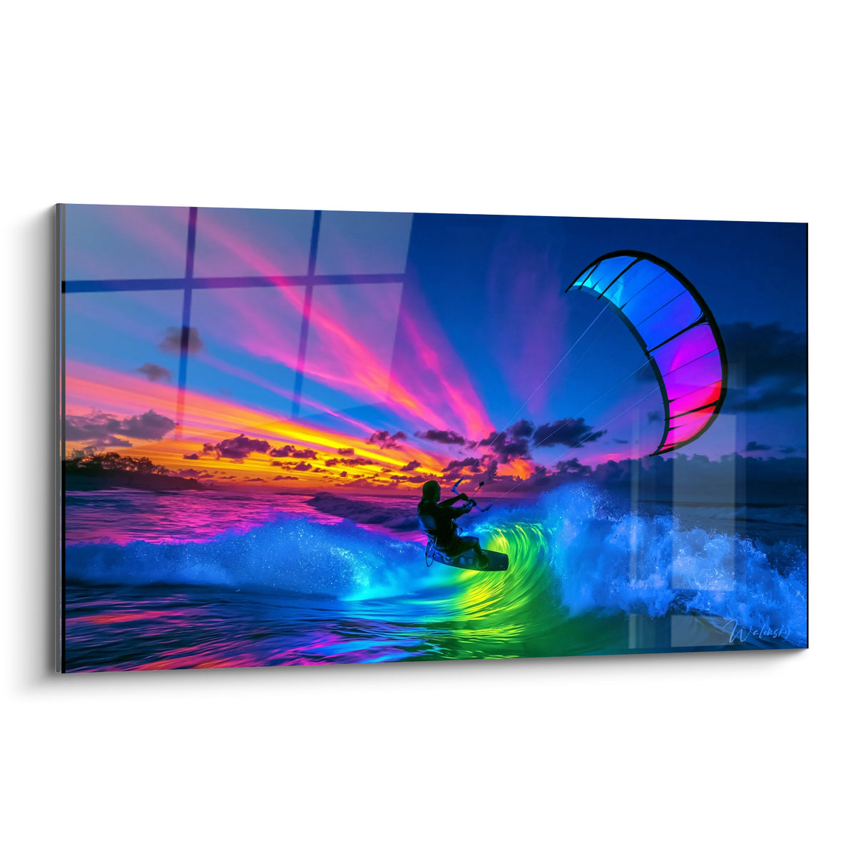 Gemälde Kitesurfer als Silhouette auf fluoreszierender grüner Welle, violetter und goldener Himmel in der Dämmerung