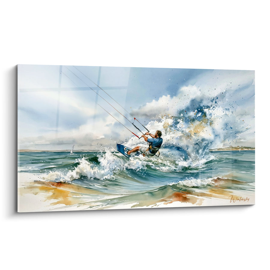 Tableau Kitesurfeur bleu et vert dans gerbe éclatante - Voiliers au loin - Edition Kite surf
